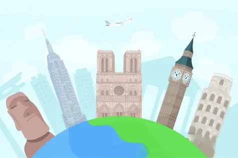 Illustration of famous world landmarks with a plane in the background.