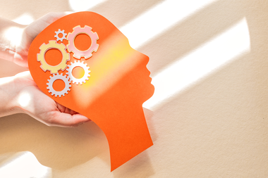 Silhouette of a human head with gear shapes inside, symbolizing mental health and cognitive processes, with hands holding it against a warm light background.